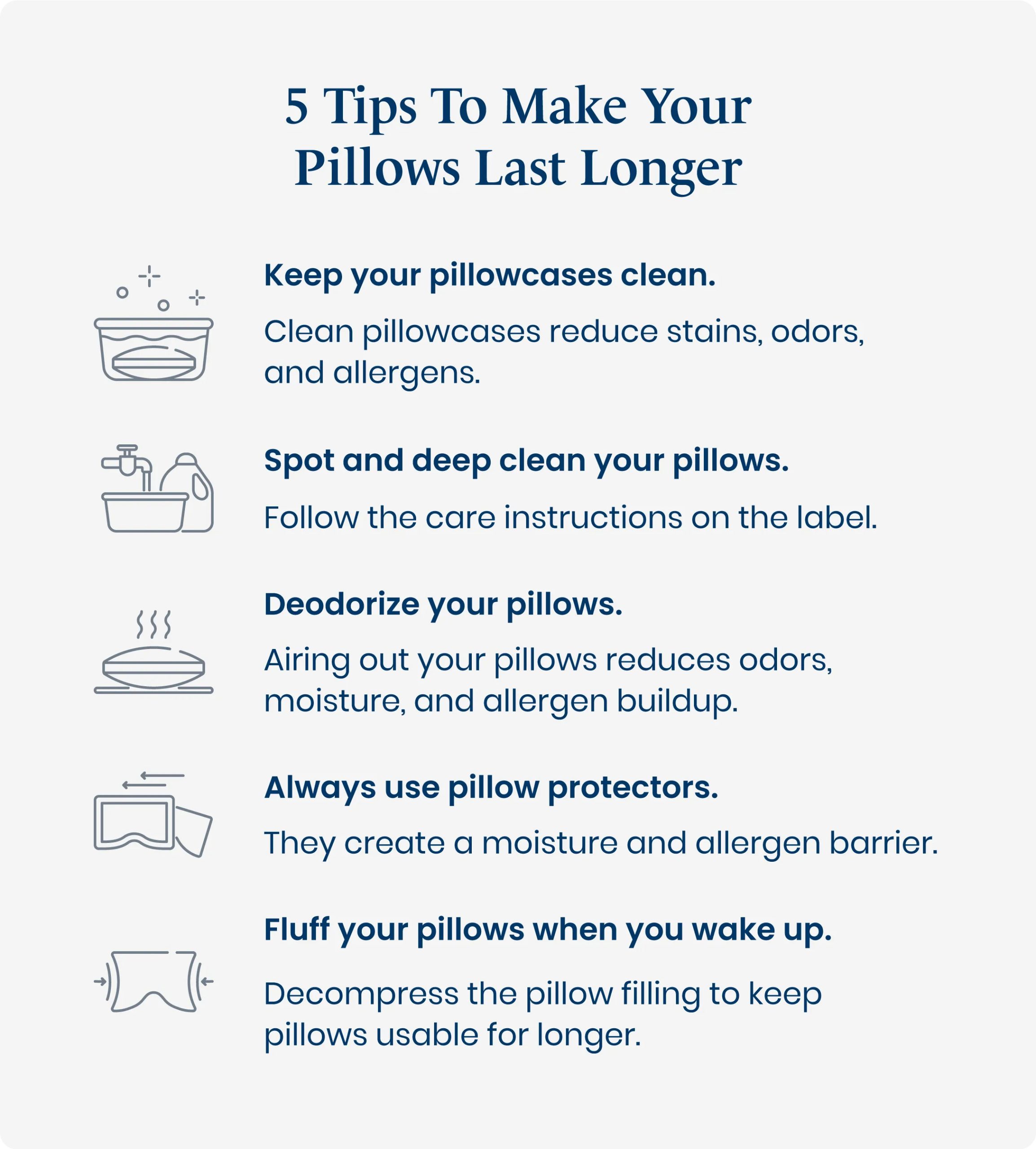 Illustrated chart with tips to make pillows last longer.