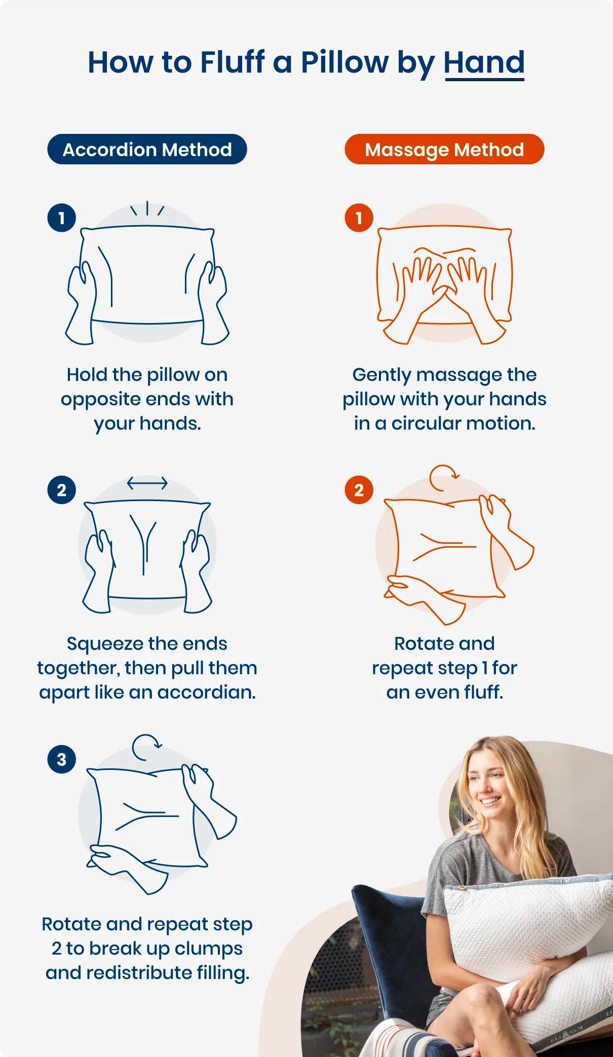 Instructions for how to fluff a pillow by hand using the accordion method and the massage method