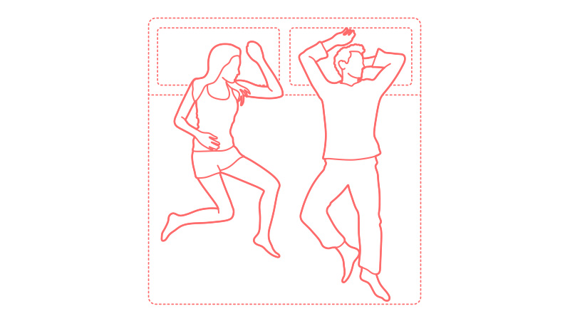 A man and a woman are in a back sleeping pose, with arms stretched above the head, resembling a starfish
