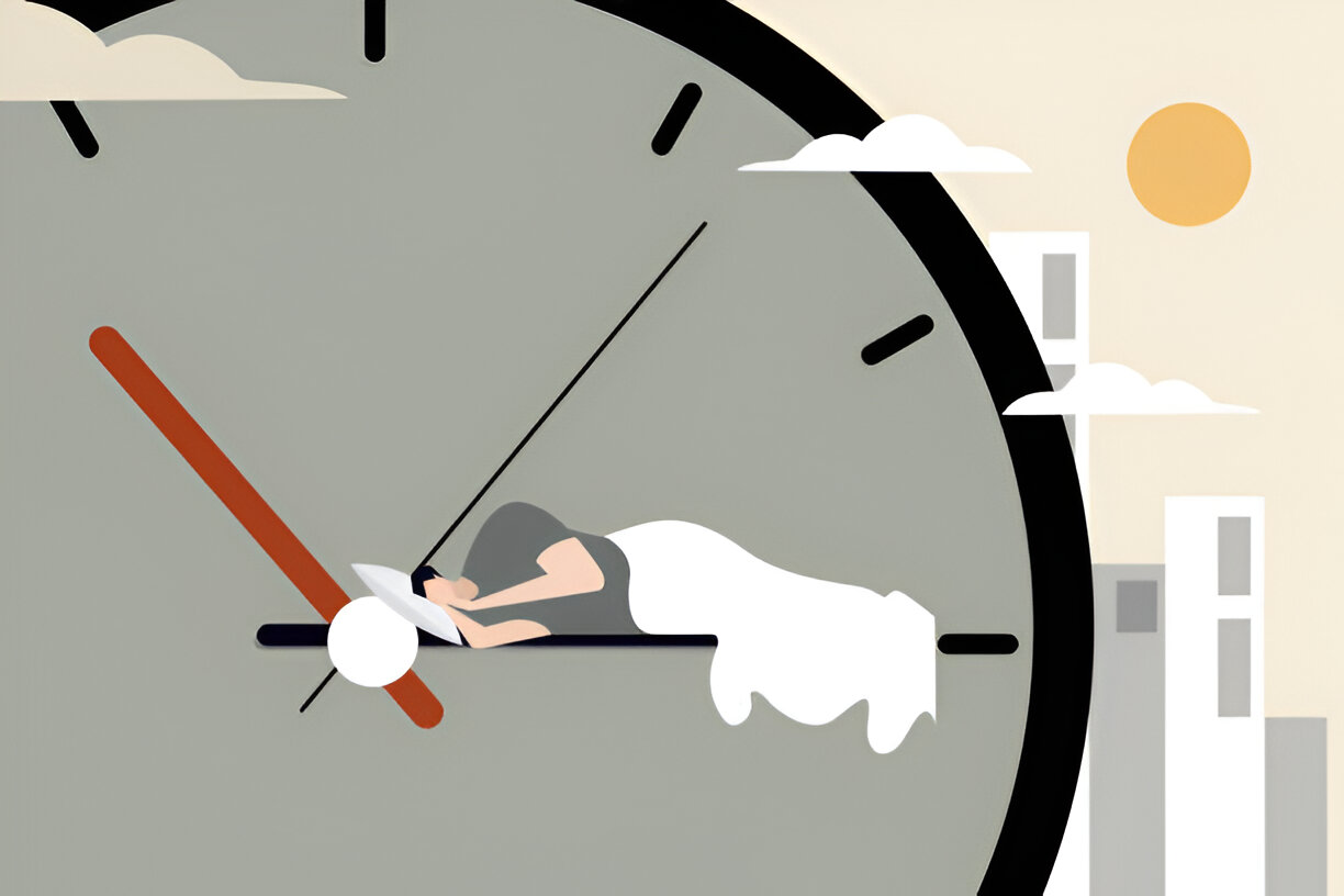 Conceptual illustration of a man napping over the minute handle of a clock