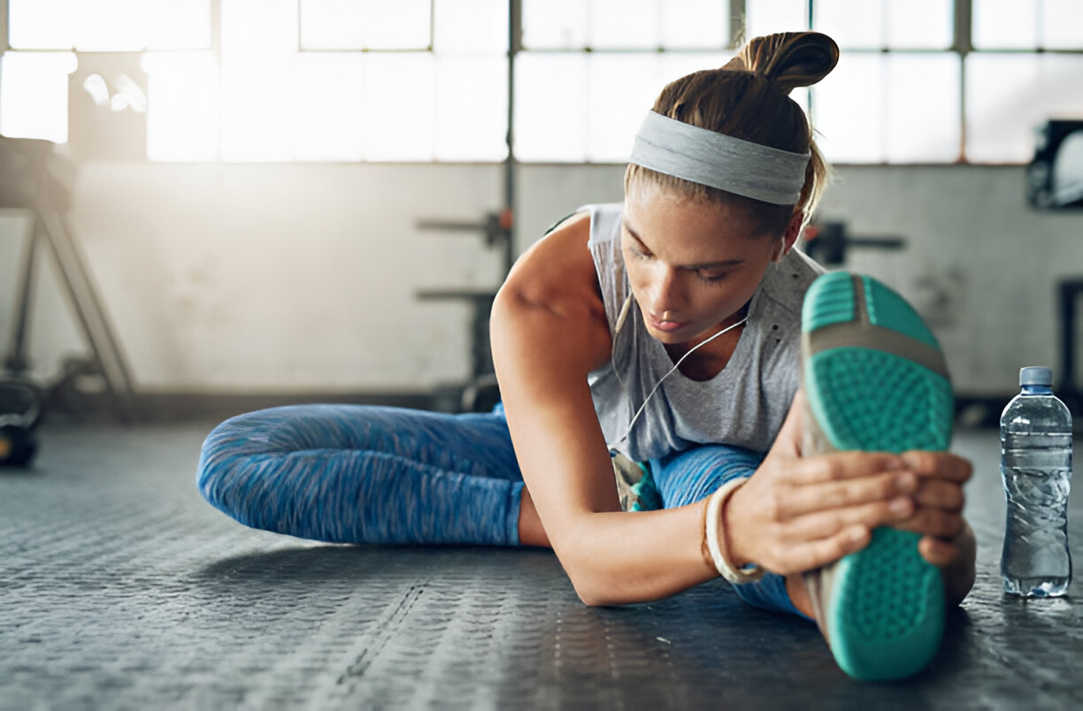 A woman stretching her legs while listening to music