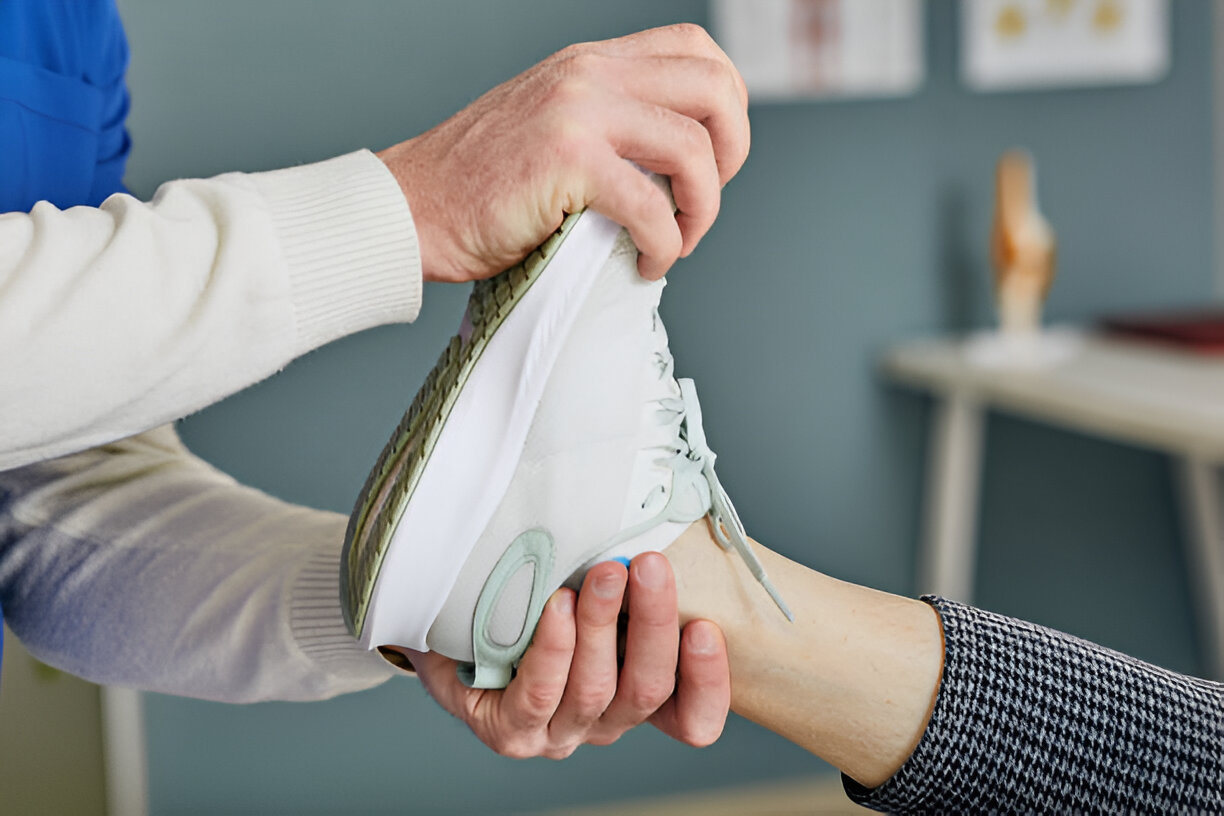 A doctor examines a patient's foot with his shoes on during a medical check-up