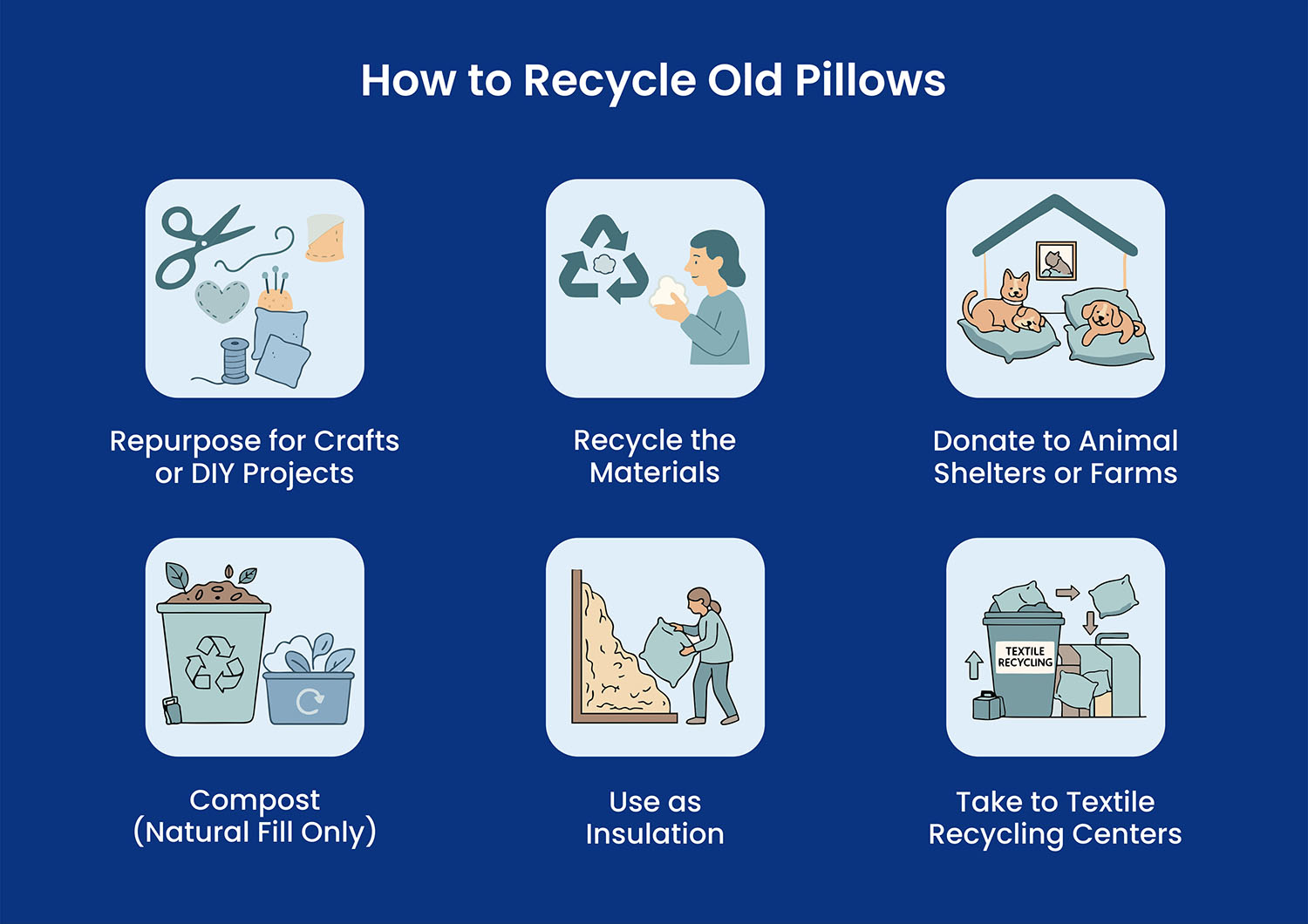 Tips to recycle old pillows, illustrated.