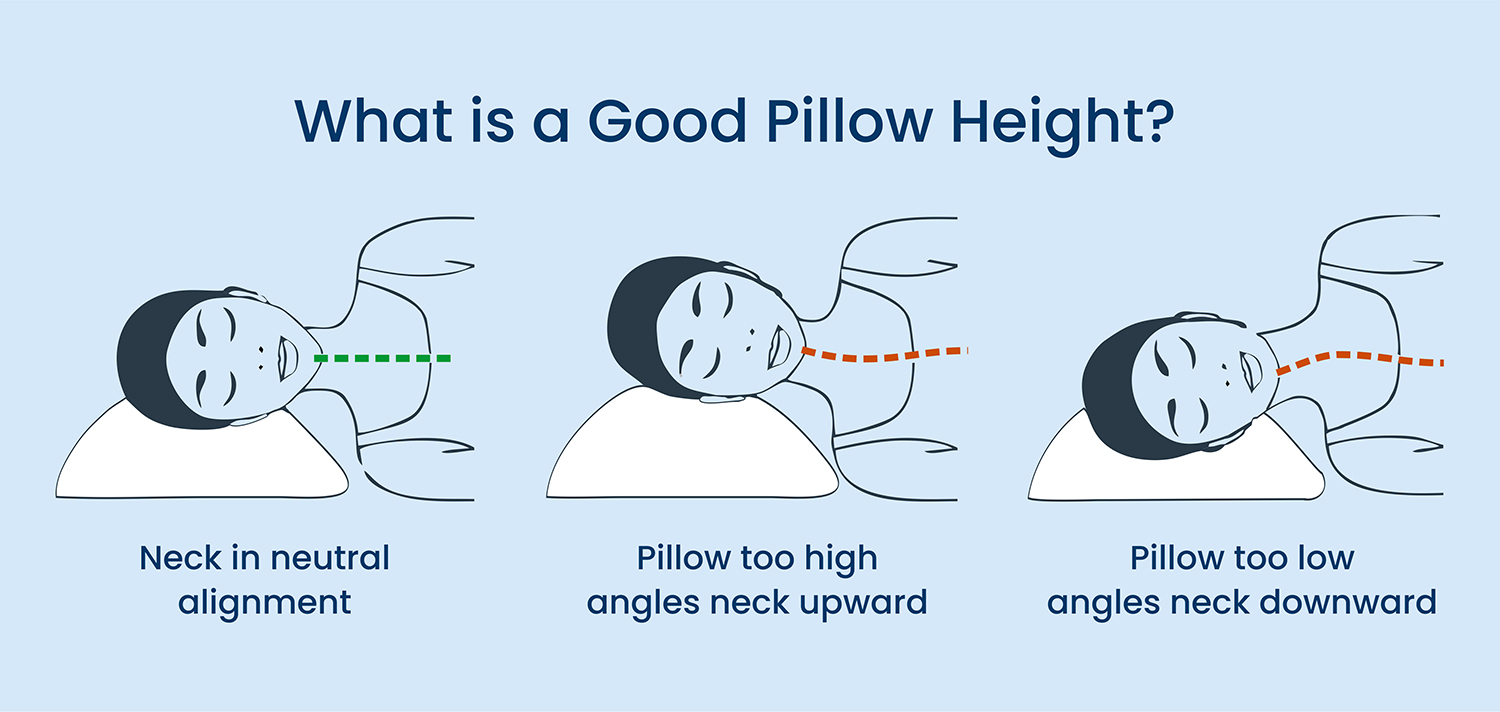 Different pillow heights illustrated, explaining a good and bad alignment.