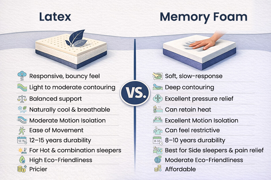 Latex vs Memory foam comparison chart.