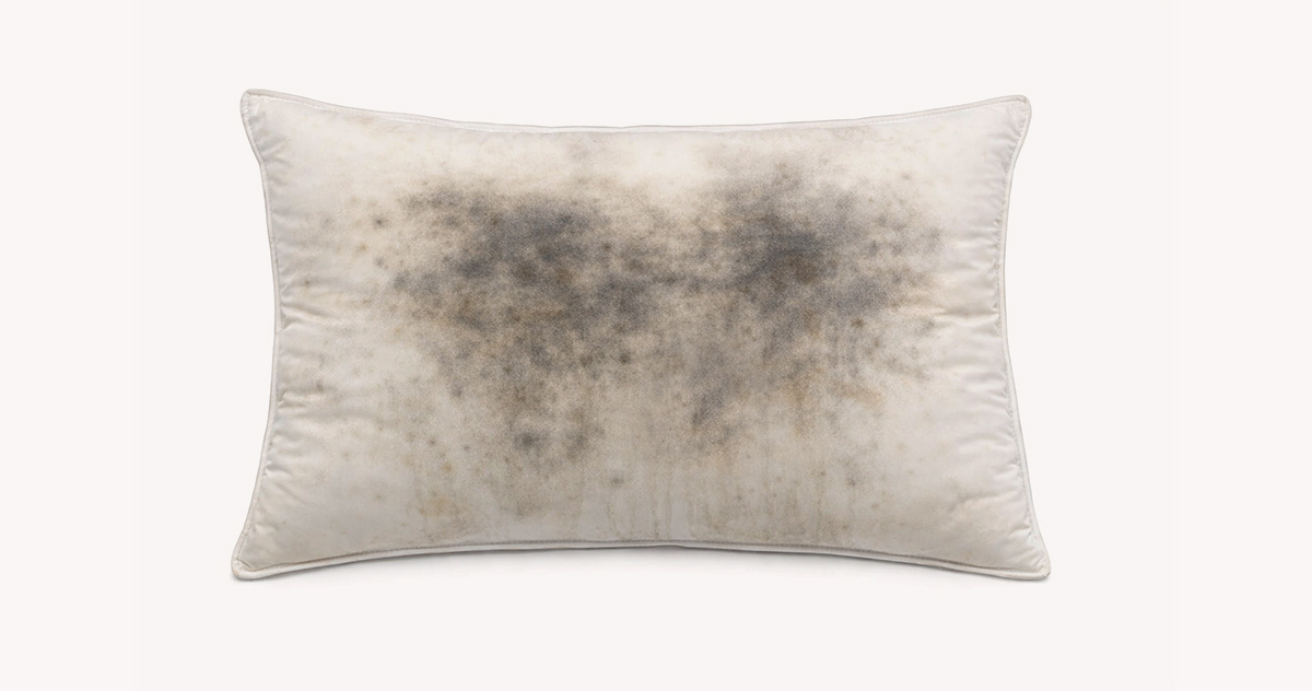 A white pillow covered with black stains due to constant exposure to moisture.